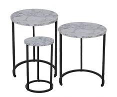 DRW Set de 3 mesas auxiliares Redondas de Madera y Metal en Negro y Efecto marmol 48x58cm, 38x52,5 y 28x48cm