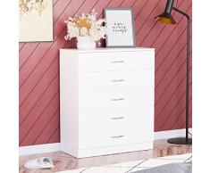 Home Discount Blanco Pecho de cajones, 5 cajones con Asas de Metal y Corredores, único Anti-Bowing cajón Apoyo, Riano Dormitorio Muebles de Almacenamiento