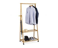 Relaxdays Perchero Ruedas, Burro Ropa con 2 Estantes para Zapatos, Colgador, 1 Ud, Bambú, 166 x 84 x 45 cm, Marrón