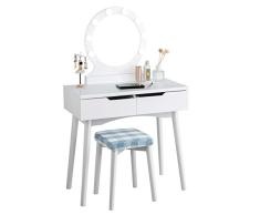 COSTWAY Tocador con iluminación LED, Mesa de Maquillaje, tocador de Madera, tocador, tocador con Espejo Iluminado y Taburete, con 2 cajones (Color Blanco)