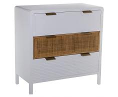 DRW Cómoda con 3 cajones de Madera DM y ratán en Blanco y Natural 80x40x82cm