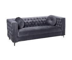 DRW Sofá de 3 plazas de Terciopelo y Patas metálicas en Gris y Cromado 200x80x79cm