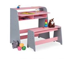 Relaxdays Mesa Infantil con Banco, 2 Compartimentos, Ajustable, Altura de 88 x 90 x 48 cm, Color Rosa y Gris, 100% Tablero de Fibra