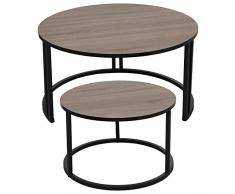 DRW Set de 2 mesas de Centro Redondas de Madera y Metal en Negro y Natural 80x43cm y 60x38cm