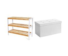SONGMICS Multiuso Zapatero De 3 Pisos Estantería Para Zapatos De Bambú Organizador + Lsf106 Baúl Puff Taburete Para Almacenaje Plegable Carga Máxima De 300 Kg Blanco, 76 X 38 X 38 Cm