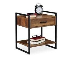 Relaxdays Mesita de Noche, con Cajón, Diseño Industrial, Mesa Cama, Salón y Dormitorio, 50 x 43 x 37 cm, Marrón y Negro, Madera de ingeniería, 1 Unidad