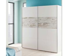Armario 2 Puertas Correderas para Dormitorio o Habitación, Modelo Vintage, Acabado en Blanco Artik y Vintage, Medidas: 180 cm (Ancho) x 200 cm (Alto) x 60 cm (Fondo)