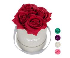 Relaxdays Rosas Artificiales en Caja Gris Redonda, 4 Unidades, Ramo Decorativo, Flower Box, Cartón-Tela-PP, Rojo
