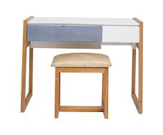 Mobili Rebecca® Escritorio Mesa Make Up 1 Taburete 2 Cajones 1 Cuarto 1 Espejo Madera Blanco BLU Petroleo Estilo Moderno Dormitorio (Cod. RE4658)