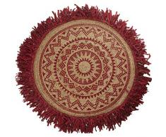 DRW Alfombra Redonda con Flecos de Algodón, Yute en Natural y Burdeos