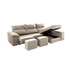 SHIITO - Sofá de 3 Plazas y Chaise Longue Derecha - 95 x 90/160 x 250 cm - Modelo Kenia - Arcón Interior - Asientos y Cabezales Reclinables - En Crudo
