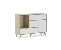 Skraut Home | Aparador para Salón o Comedor | 86 x 120 x 40 cm | Buffet con 1 Puerta + 3 Cajones | Modelo Wind | Madera Resistente | Acabado Roble/Blanco
