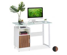 Relaxdays Escritorio con Tablero de Cristal Brillante, Dos Compartimentos, Home Office, 76,5x110x55 cm, Blanco, Aglomerado, Metal, Vidrio, 5 x 110 x 55 cm