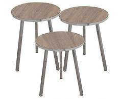 DRW Set de 3 mesas auxiliares Redondas de Madera y Metal en Cromado y Natural 38x51cm, 38x48cm y 38x45cm