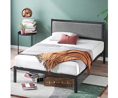 Zinus Korey Estructura de cama de metal con cabecero tapizado de 36 cm, somier de listones de madera, montaje fácil, 150 x 200 cm, gris