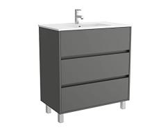 Conjunto Mueble baño 80 cm con Lavabo 100% montado de fábrica | Modelo Arenys color Gris lacado Mate a suelo 3 cajones cierre amortiguado con Lavabo porcelana blanca | Tiradores tipo uñero