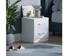 Marca Amazon - Movian, Mesita de noche de alto brillo, color blanco, 2 cajones con asas de metal y corredores, soporte único de cajón antiarrugas, muebles de dormitorio, 47 x 40 x 36 cm