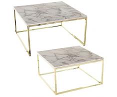 DRW Set de 2 mesas cuadradas Centro de Metal y Madera en Dorado e Imitacion marmol 45x45x50 cm+35x35x40 cm