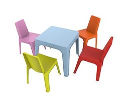 resol Julieta Set Infantil para Interior, Exterior, jardín - 1 Mesa Azul + 4 Sillas Roja/Rosa/Naranja/Lima