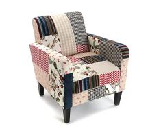 Versa Romantic Patchwork Butaca Orejera para Salón, Dormitorio o Comedor. Sillón para Lectura de Diseño Vintage, con Apoyabrazos, Medidas (Al x L x An) 71 x 77 x 65 cm, Algodón y Madera, Color Azul