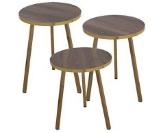 DRW Set de 3 mesas auxiliares Redondas de Madera y Metal en Nogal y Dorado 38x51cm, 38x48cm y 38x45cm