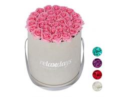 Relaxdays Rosas Artificiales en Caja Gris Redonda, 34 Unidades, Ramo Decorativo, Flower Box, Cartón-Tela-PP, Rosa
