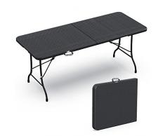 VOUNOT Mesa Plegable Multifuncional 180 x 75 cm Aspecto de Ratán, Mesa de Fiesta con Asa de Transporte, para Jardín, Terraza, Balcón, Negro