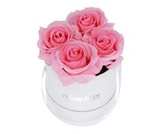 Relaxdays Rosas Artificiales en Caja Blanca Redonda, 4 Unidades, Ramo Decorativo, Flower Box, Cartón-Tela-PP, Rosa