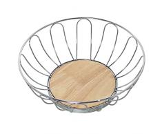 DRW Frutero Redondo de Metal con Bade de Madera en Cromado y Natural 28x10cm, Base 16,5cm