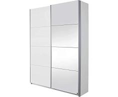Rauch Möbel Minosa Armario Zapatero correderas 2 Puertas, Incluye Paquete de Accesorios Basic 7 estantes, 1 Percha Extensible, Madera de ingeniería, Blanco/Roble Sonoma con Espejo, Breite 181 cm