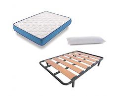 HOGAR24 ES Cama Completa - Colchón Viscoelástico Viscorelax + Somier Lama Ancha (2 Somieres de 90cm con Abrazadera) + 8 Patas de 26cm + Almohada de Fibra (2x90cm), 180x180 cm