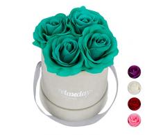 Relaxdays Rosas Artificiales en Caja Gris Redonda, 4 Unidades, Ramo Decorativo, Flower Box, Cartón-Tela-PP, Turquesa