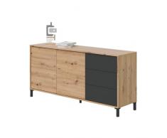 Habitdesign Aparador 2 Puertas y 3 Cajones, Buffet para Salon, Armario Auxiliar, Modelo Brooklyn, Acabado en Color Roble Nodi y Gris Antracita, Medidas: 154 cm (Ancho) x 74 cm (Alto) x 41 cm (Fondo)