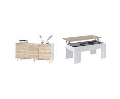 Habitdesign Aparador Buffet, contrachapada, Blanco/Madera, 54 cm x 75 cm x 41 cm + 0F1640A - Mesa de Centro elevable acabada en Color Roble Canadian, Medidas 45 x 100 x 50 cm
