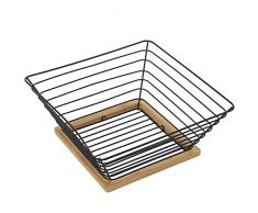 DRW Frutero Cuadrado de Metal y Madera en Negro y Natural 25x25x10cm, Rejilla 15x15cm