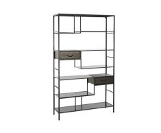 DRW Estantería de Suelo con 2 Cajones y 7 Estantes de Metal y Cristal en Negro 115x34,5x195cm
