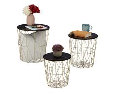 Relaxdays Mimbre Juego de 3 mesas auxiliares para salón, Metal y Aspecto de mármol, 3 tamaños, Cesta de Alambre, Color Negro y Dorado, 60% Hierro 40% Tablero de Fibra, Set de 3