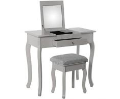 DRW Mesa de tocador con un cajón de Madera con Espejo en Blanco con Banco tapizado en Tela Gris 80x40x74cm, Banco 36,5x29x46cm
