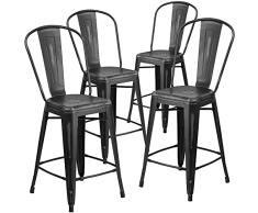 Flash Muebles Alta Envejecido Metal Interior Contador Altura Taburete, Negro, 24 , Metal, Negro, 4 Unidades