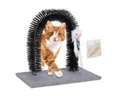 Relaxdays Rascador para Gatos, Arco Quita Pelos, Masajeador, Ratón Juguete, Madera-Plástico, 33 x 35 x 24,5 cm, Gris