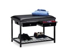 Relaxdays Banco Zapatero Acolchado con 2 Cajones, Cuero Sintético, Acero y Plástico, Negro, 43.5 x 67 x 43 cm