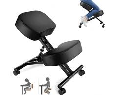 Silla Ergonómica de Rodillas, Taburete de Rodilla para Casa y Oficina, Asiento en ángulo para Mejorar la Postura, Ajustable Altura, 3 Cojines Gruesos, Marco de Metal, Piel Sintética, Negro