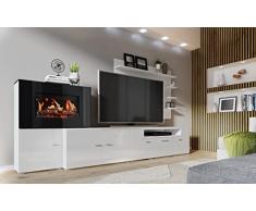 Skraut Home | Mueble para Salón con Chimenea Eléctrica | 170 x 290 x 45 cm | Sistema de Iluminación LED Efecto Llamas | Modelo New Olympo | Estilo Moderno | Acabado Blanco