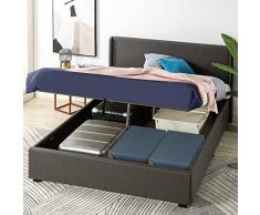 Zinus Canapé abatible de 32 cm con somier tapizado, cama con elevador de gas y almacenamiento Maddon, Somier de listones de madera, 135 x 190 cm, Gris oscuro