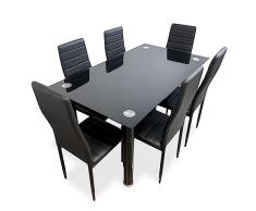 Somnia Descanso - Pack Mesa de Cristal de Comedor o Cocina + 6 Sillas Color Negro a Juego, Modelo Tucan, Prácticas y Funcionales