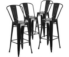 Flash Furniture Muebles Flash Paquete de 4 taburetes de Bar de Metal de 30 Pulgadas de Alto para Interiores y Exteriores con Respaldo, Plástico, Acero galvanizado, Black, 4 Unidades