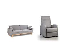 Don Descanso, Sofá Cama 3 plazas Reine, Tapizado en Tela + Sillón Reclinable Tela Verona Gris, Sillón Relax con Reposapiés, Sistema de Apertura Push