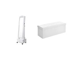 SONGMICS JBC61W - Espejo Joyero, Armario con LED, Organizador de Joyerías, Blanco + Puff Almancenaje, Banco Almacenaje con Tapa, para Dormitorio Pasillo