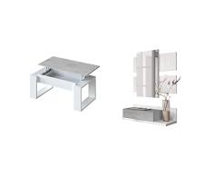 Mesa de Centro elevable, Mesita para Salon, Mesa Auxiliar, Modelo Nova + Recibidor con cajón y Espejo, Mueble de Entrada, Modelo Tekkan, Acabado en Blanco Artik y Gris Cemento