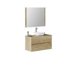 Baikal Mueble de Baño Onyx, 2 cajones, suspendido en Pared, con Lavabo cerámico. Mueble Montado, Melamina 16,Mueble F46 + Top + Lavabo + Espejo 100 cm Nature